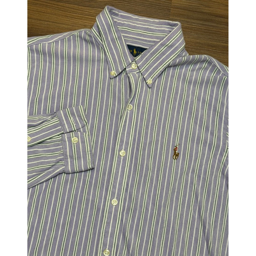 Ralph Lauren Mens Slim Fit Knit Oxford Shirt Purple Green Stripe Stretch LS Sz L